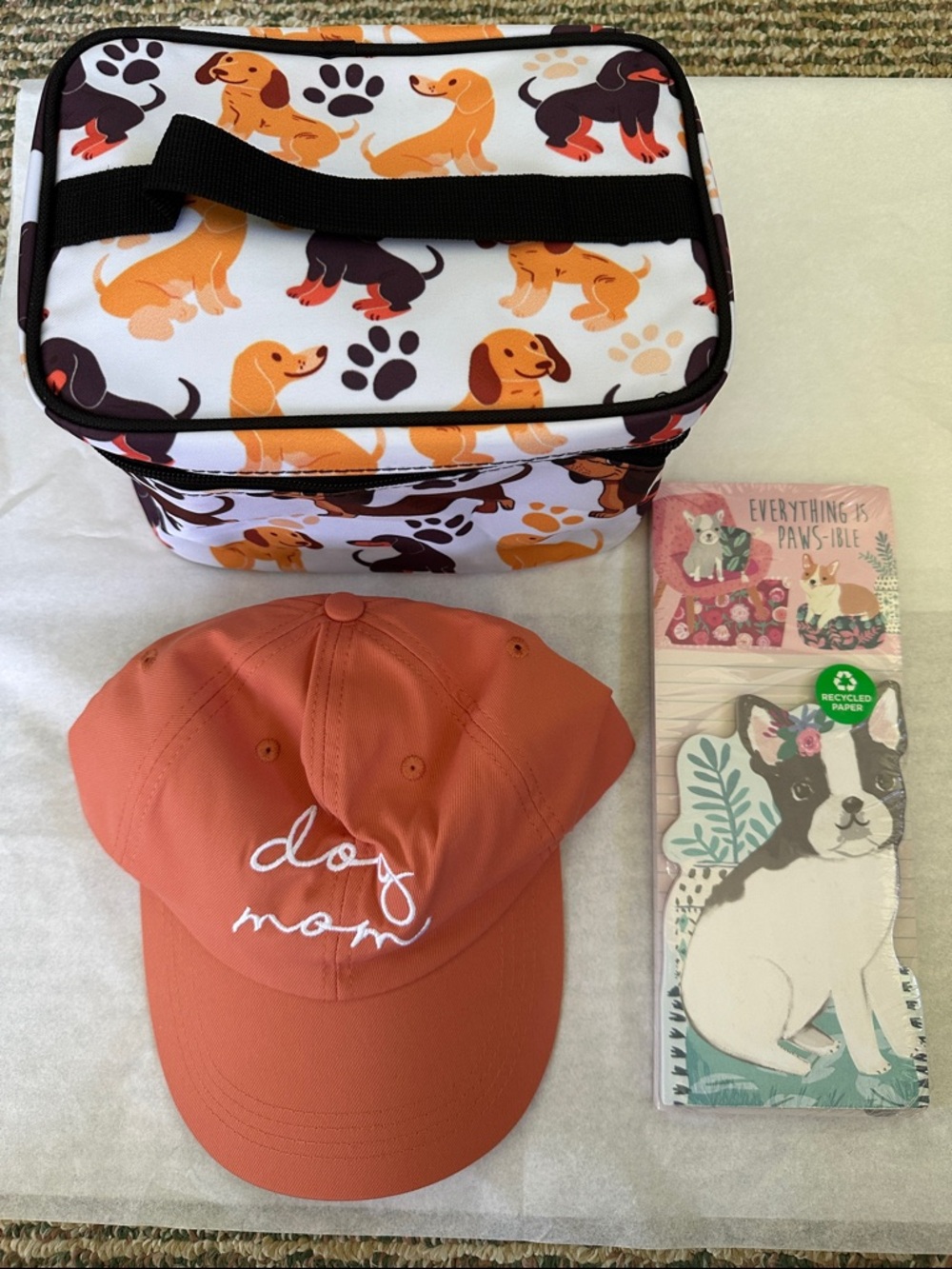 Dog Bundle-Dog Mom Cap in Coral, Dog Makeup Bag, Cute Puppy Design pads